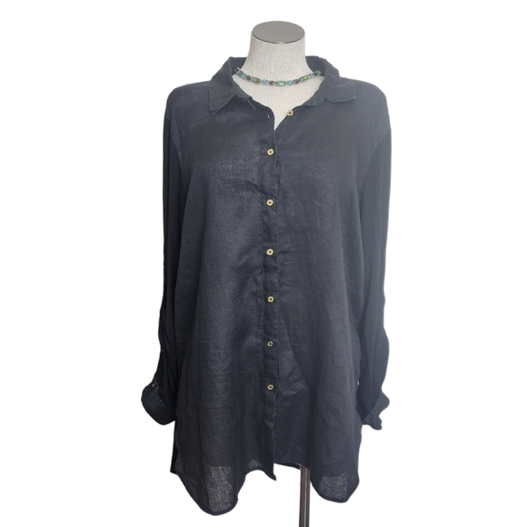 Calvin Klein Linen Front Button Down Pointed Collar  Black Shirt Size L - Picture 1 of 6